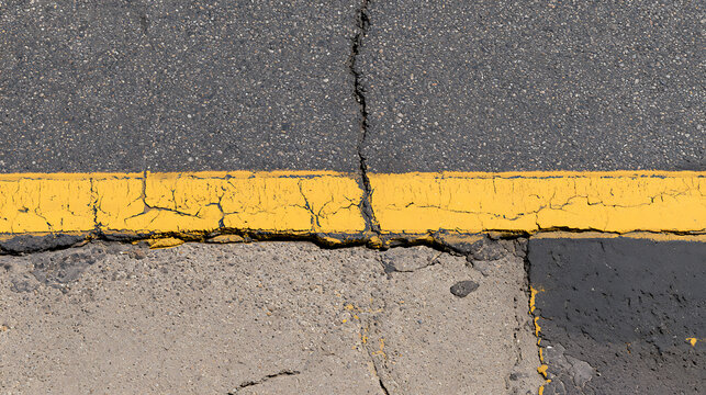 Damaged asphalt road surface with a bright yellow lane stripe line divider split by large cracks and fractures in pavement texture structure