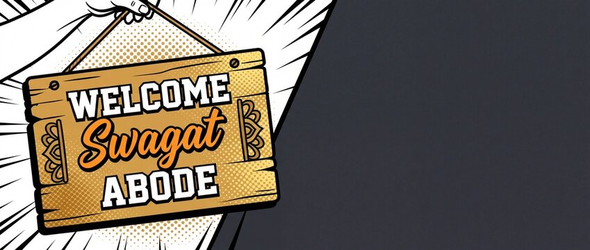 Welcome Swagat Abode Wooden Sign hanging in pop art comic style with dark background copy space for housewarming indian culture home decor greeting banner graphic design concept illustration
