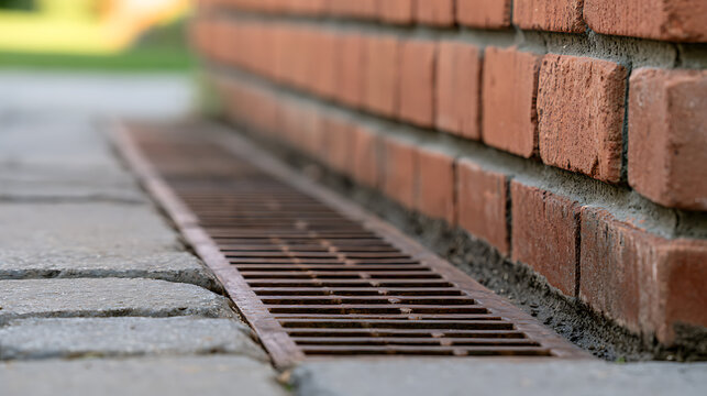 Close-up view of a metal drainage grate installed along a red brick wall and stone pavement in an outdoor architecture detail shot design