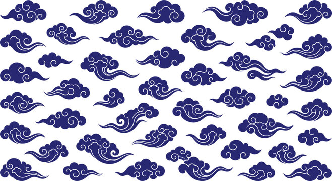 Traditional Chinese Cloud Vector Pattern, Oriental Blue Swirl Cloud Set, Vintage Japanese Decorative Sky Elements Background