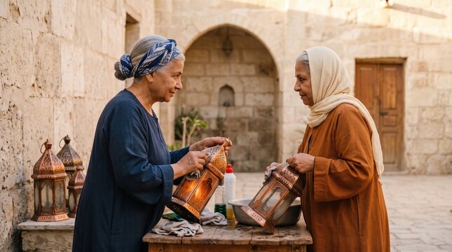 Older adults share authentic moments of purposeful living. Two senior women stand in a stone courtyard carefully cleaning and polishing traditional copper lamps.