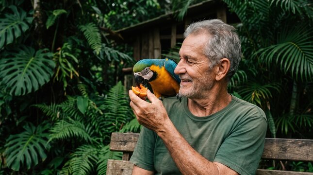 Older adults share authentic moments of purposeful living. A smiling senior man stands outdoors affectionately feeding a large colorful macaw parrot on his arm.