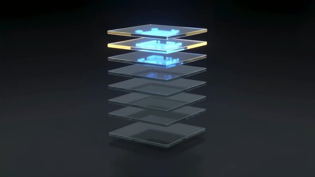 Seamless looping 3D animation of a stacked glass plate memory module glowing in solid gold and bright blue sequentially from bottom to top while the camera orbits perfectly.