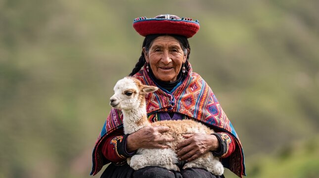 Older adults share authentic moments of purposeful living. An elderly Andean woman wearing colorful traditional clothing lovingly holds a young white alpaca.