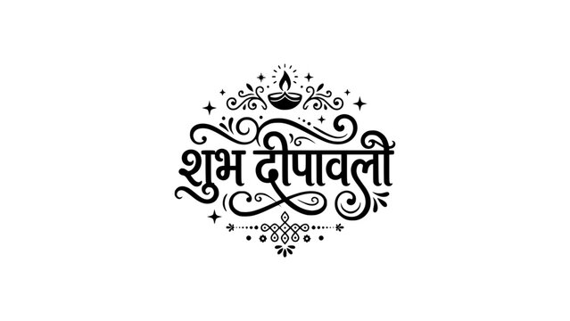 Shubh Deepavali Hindi calligraphy typography vector text. Colorful traditional Indian festival greeting design element with a small oil lamp diya isolated on a white background.