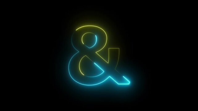 Animated neon ampersand symbol. Glowing Font - And Symbol, animated  neon sayn and goold alphabet symbol on black background 4k video.