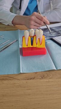 Demonstration of dental procedures using a model and tools in a clinical setting