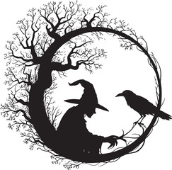 Obraz premium A minimalist black and white illustration featuring a witch sitting under a tree with a flying raven