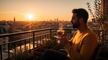 Fototapeta premium Young man sits on apartment balcony drinking hot herbal tea during golden hour sunset. Bearded male enjoys peaceful city view from terrace. Relaxed guy rests at home with steaming cup overlooking