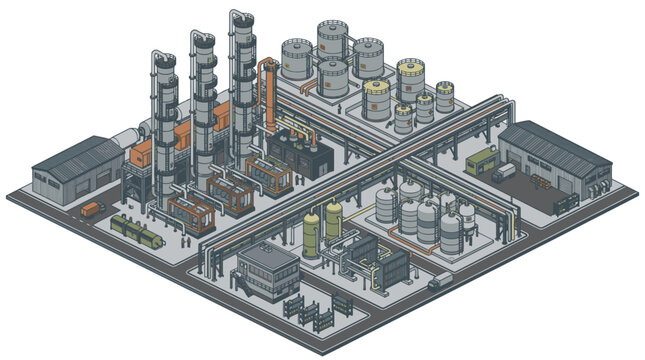 Elegant Isometric of a Complex Industrial Chemical Processing Plant with Tall Columns Pipes and Storage Tanks