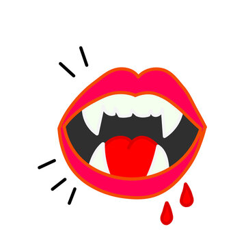 Open vampire mouth with sharp fangs and blood dripping vector illustration isolated on white background.