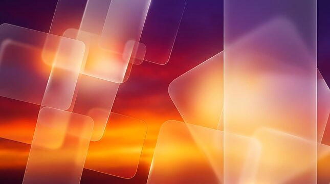 Abstract background with translucent overlapping squares and glowing warm light effects.