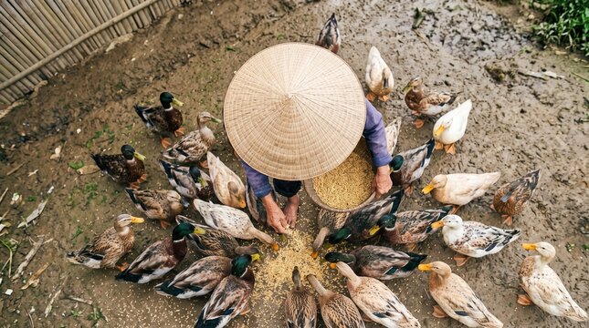 Older adults share authentic moments of purposeful living. A senior person wearing a conical hat scatters feed to a large flock of ducks.