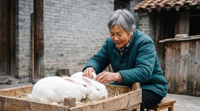 Older adults share authentic moments of purposeful living. A smiling elderly woman checks on fluffy white rabbits inside a wooden enclosure.