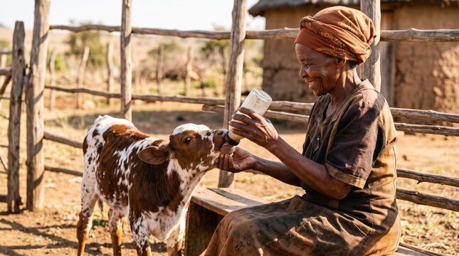 Older adults share authentic moments of purposeful living. A senior woman sits in a sunny dirt enclosure attentively bottle-feeding a young calf.