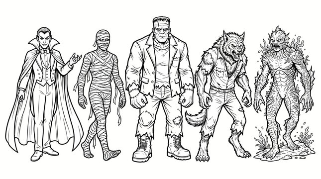 Group of classic horror monsters line art coloring page featuring vampire mummy giant monster werewolf and swamp creature