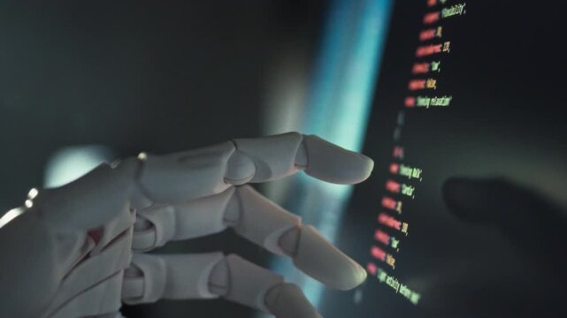 Robotic arm, guided by sophisticated software artificial intelligence, expertly automates intricate coding process. This seamless integration of automation and AI revolutionizes programming management