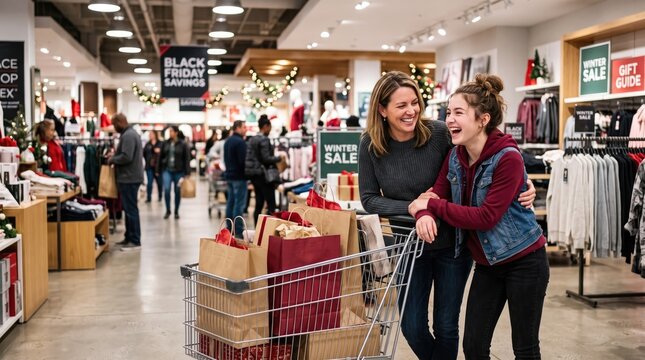 Cheerful mother and teenage daughter laughing while shopping together in a crowded department store during a busy black friday winter holiday sale event