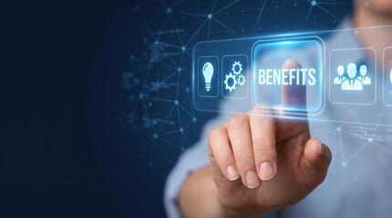 Obraz premium Employee benefits support workforce compensation through digital interface. Corporate business hr resource management. employment payroll salary insurance, planning support