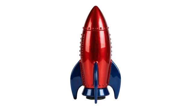 Shiny metallic red rocket with blue fins, isolated on transparent background