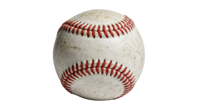 Worn baseball with red stitching, isolated on transparent background