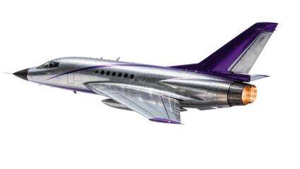 Shiny silver jet airplane with purple accents, isolated on transparent background © studiox
