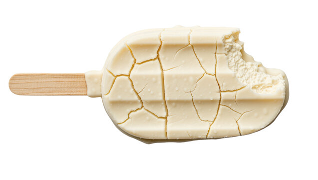 Bitten white chocolate ice cream bar with cracked coating, isolated on transparent background