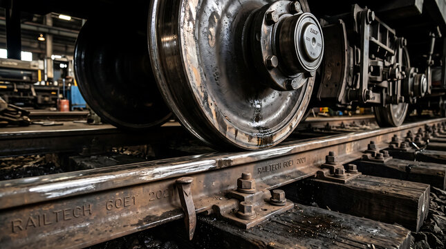Close-up of a heavy steel train wheel resting on iron tracks, featuring detailed bolts, metallic textures, and wooden railway sleepers in a maintenance depot