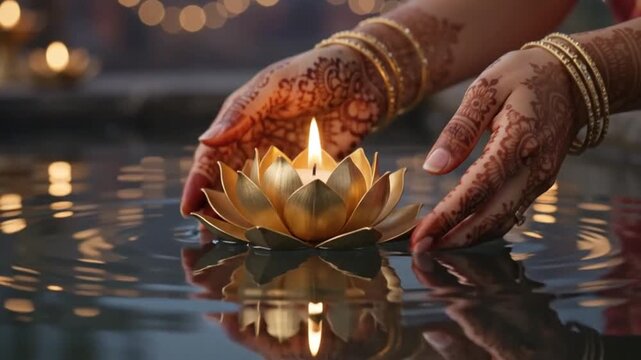 Woman hands with henna holding a glowing lotus diya lamp for Diwali festival
