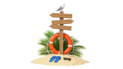 Wooden directional signpost with seagull lifebuoy palm leaves flip-flops sunglasses, isolated on transparent background © studiox