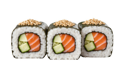Three maki sushi rolls with salmon and cucumber sprinkled with sesame seeds, isolated on transparent background © studiox