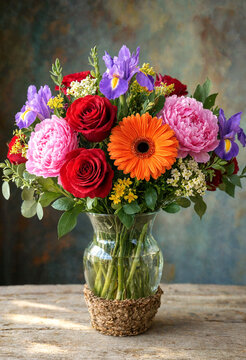 Beautiful Mixed Color Flower Bouquet in Rustic Vase on Wooden Surface