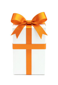 Beautiful white gift box wrapped with bright orange satin ribbon bow
