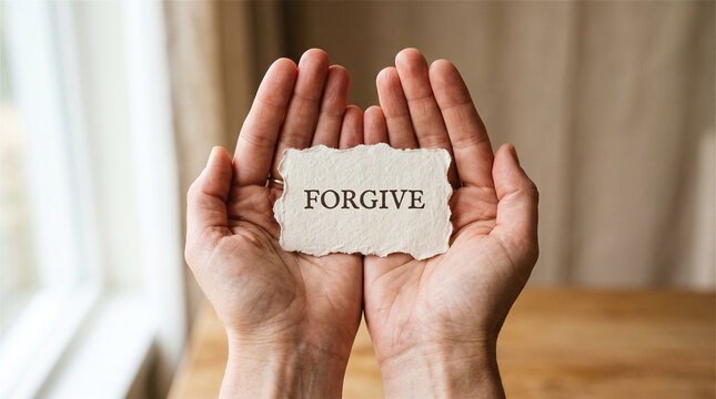 Cupped hands holding a small torn note with the word forgive printed on it.