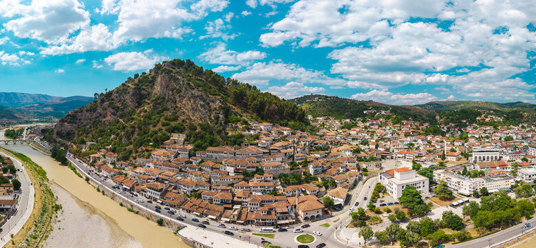Aerial Panorama of Berat Historic Town and Osum River
