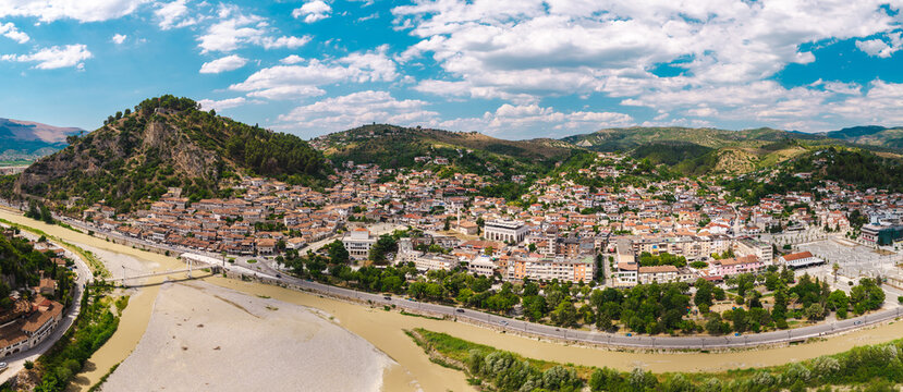 Aerial Panorama of Berat Along the Shallow Osum River
