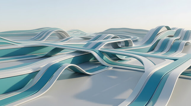 Abstract 3D parametric landscape with flowing blue and white ribbons