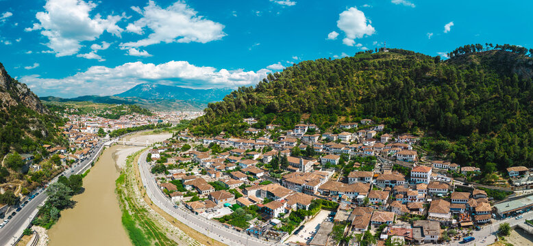 Aerial Panorama of Berat Albania with River and Historic Hillside