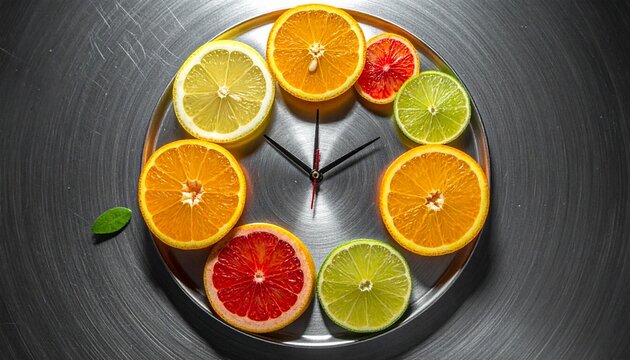 Citrus fruit clock arrangement with sliced lemon and orange on metal surface