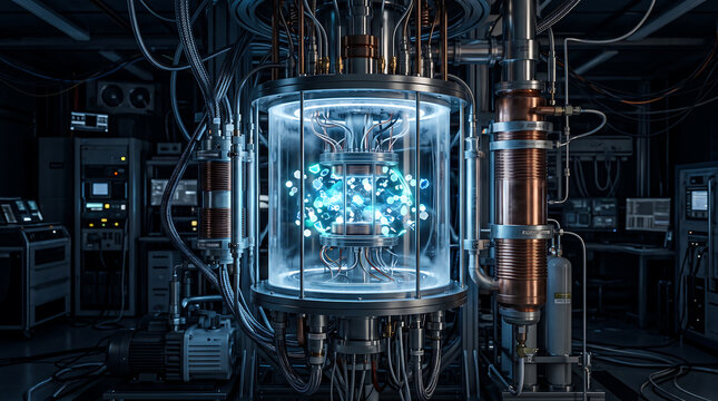Quantum computing processor featuring a glowing blue particle core inside a cylindrical glass vacuum chamber with copper cooling pipes and laboratory equipment