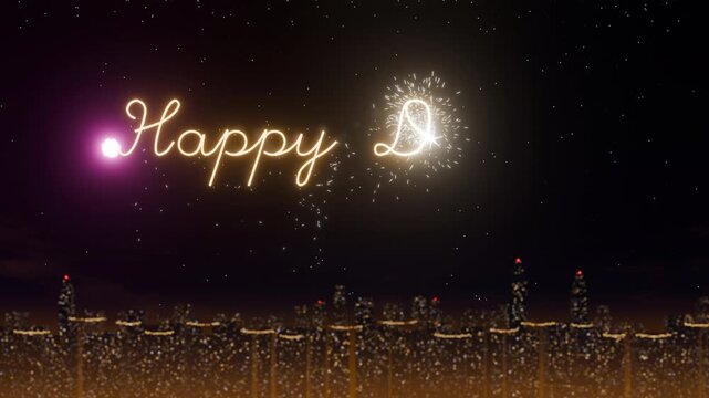 A 3D render of Happy Diwali text glowing in a starry night sky with colourful fireworks exploding over a blurred city skyline, during the festival of lights