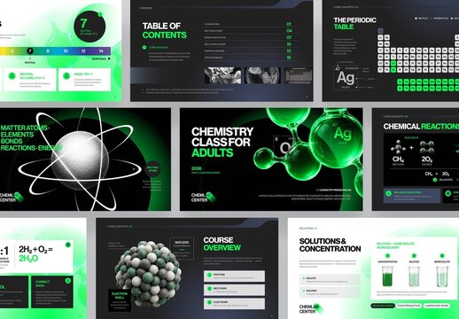Chemistry Class Presentation Template, Science Lesson Slide Deck with Periodic Table & Chemical Reactions, Neon Green on Dark Background