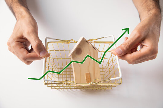 Man showing house model, shopping cart and green growth arrow.