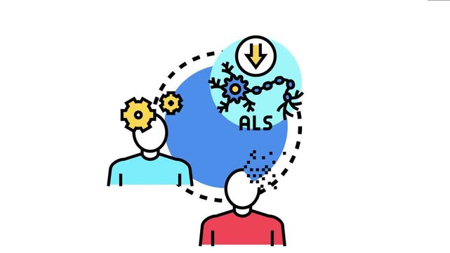 Neurodegenerative disease concept with a neuron, showing a downward arrow and two people, one with gears in the head and another with mental decline