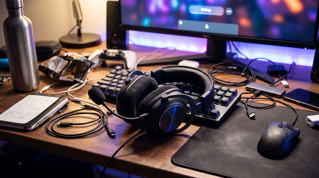 Gaming headset with microphone on messy computer desk, PC gaming setup and streaming workspace