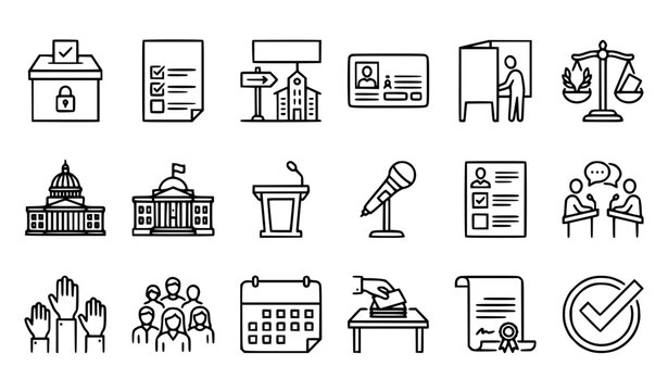 Democracy elections voting politics civic engagement and public participation thin line icons