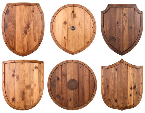 Collection Of Six Wooden Shields With Varying Shapes and Textures Against Transparent Background
