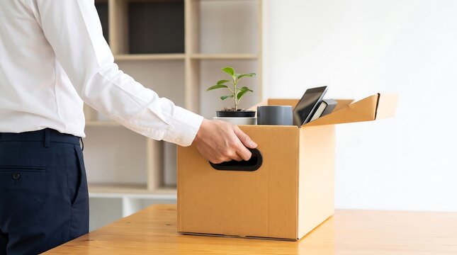 Person holding a brown cardboard box while cleaning and organizing office workspace with moving house office organization packing stuff decluttering home moving out work life