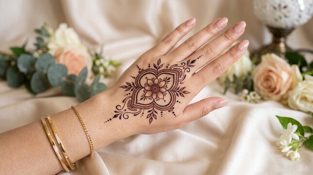 Elegant Minimalist Floral Mehndi Design on Backhand with Gold Bracelets   Simple Mandala Henna Tattoo on Hand with Soft Silk Fabric and Rose Background   Modern Floral Backhand Henna Art for Engagemen