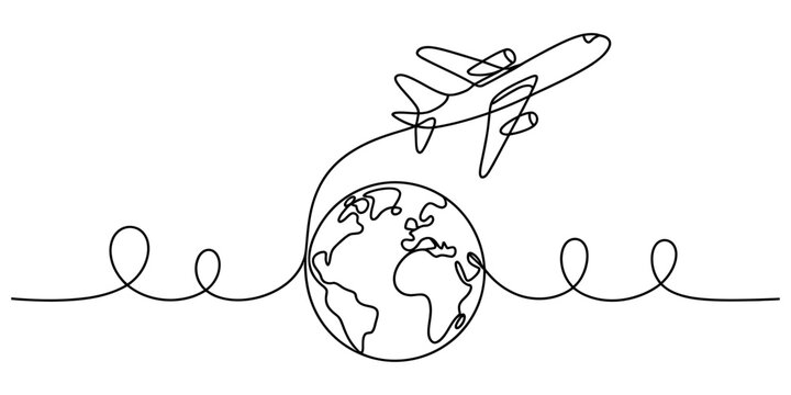 Airplane flight path around earth globe line art for global travel adventure transportation business and world exploration.